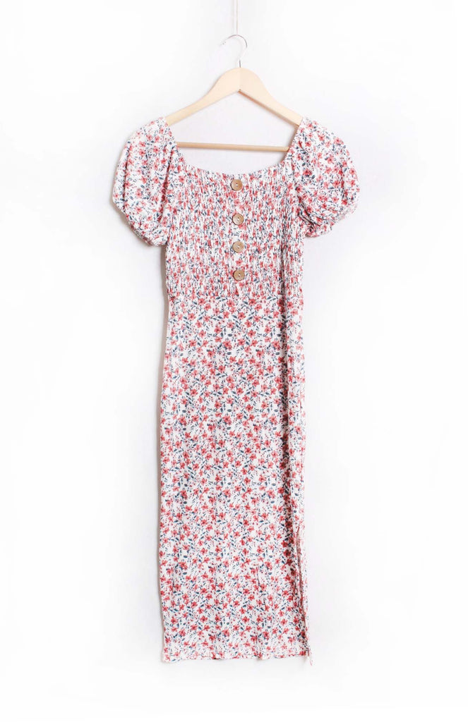 Pink Floral Square Neck Midi Dress – Puff Sleeve High Waist French Style Summer Dress