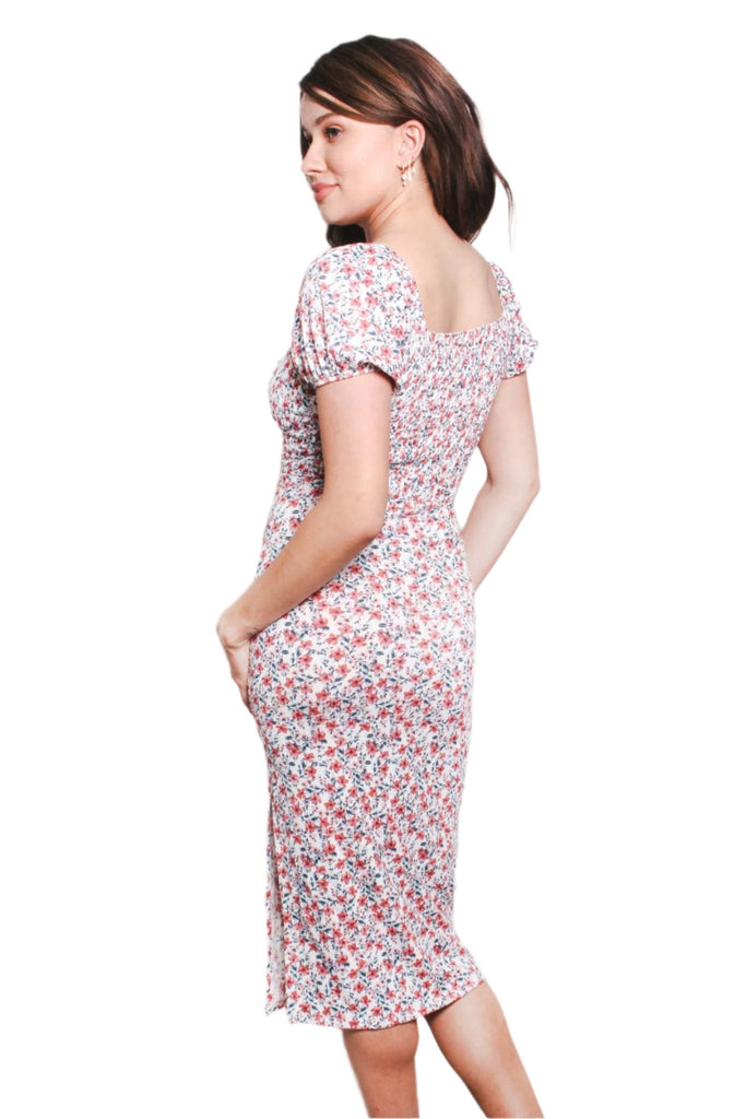 Pink Floral Square Neck Midi Dress – Puff Sleeve High Waist French Style Summer Dress