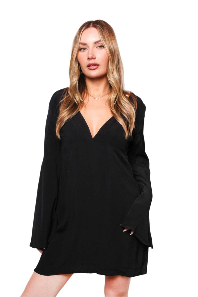 Black Deep V-Neck Long Sleeve Mini Dress – Loose Fit Elegant Dress for Women