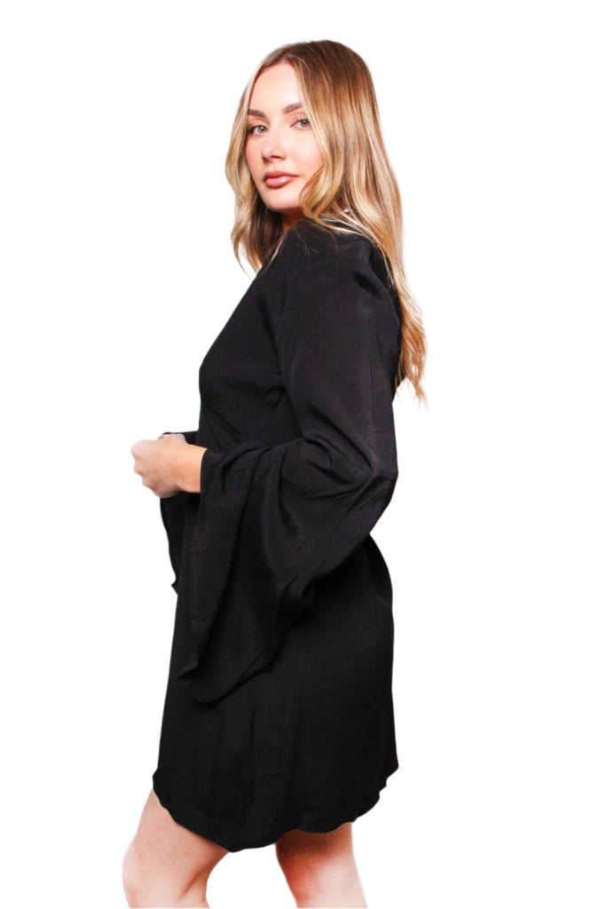 Black Deep V-Neck Long Sleeve Mini Dress – Loose Fit Elegant Dress for Women