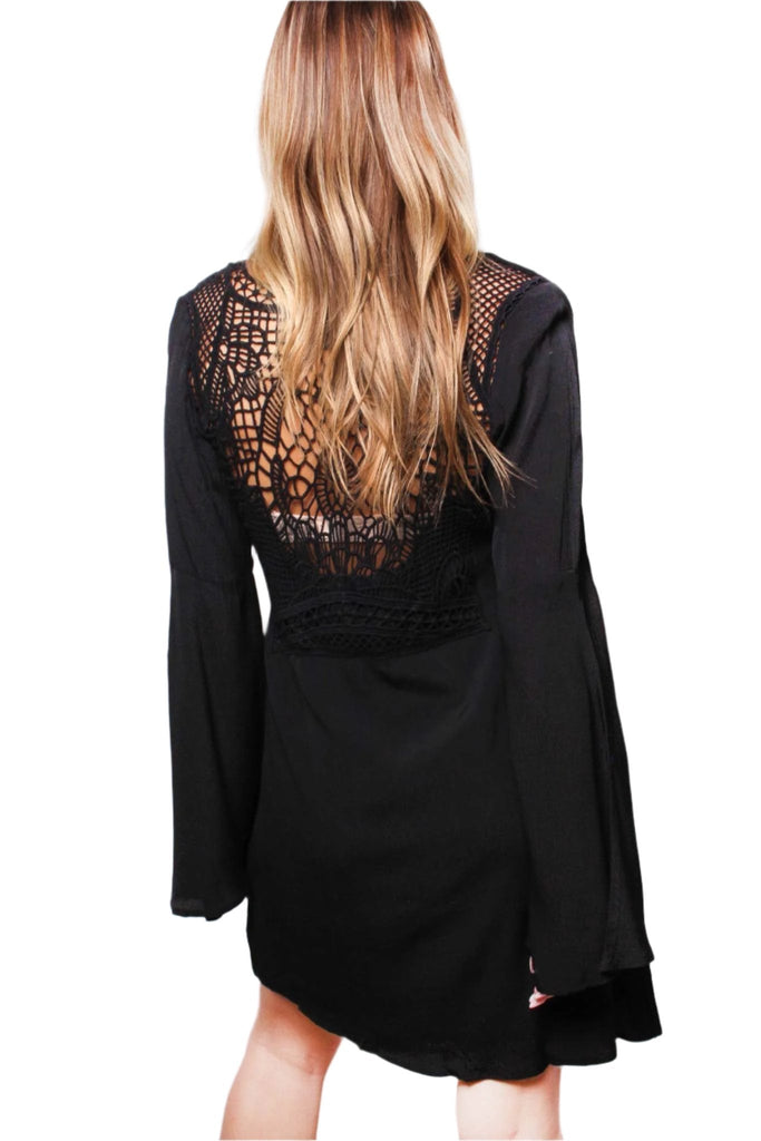 Black Deep V-Neck Long Sleeve Mini Dress – Loose Fit Elegant Dress for Women