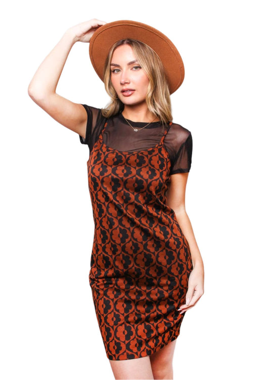 Orange & Black Mesh Panel Bodycon Dress – Summer Slim Fit Short Dress for Women