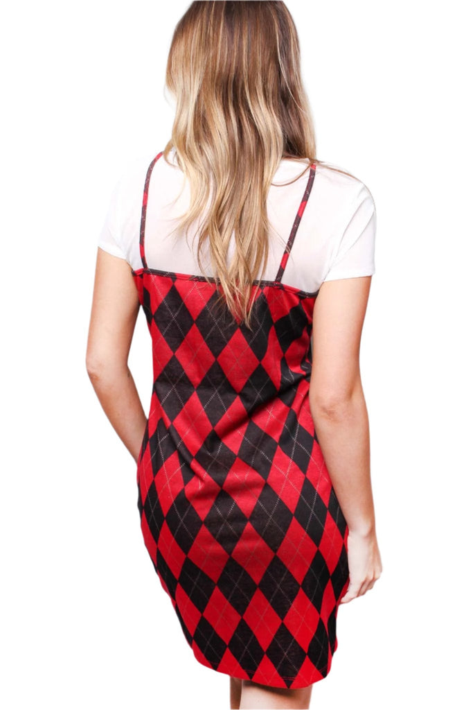 Red and Black Argyle Print Layered Spaghetti Strap Bodycon Dress – Vintage School Girl Aesthetic