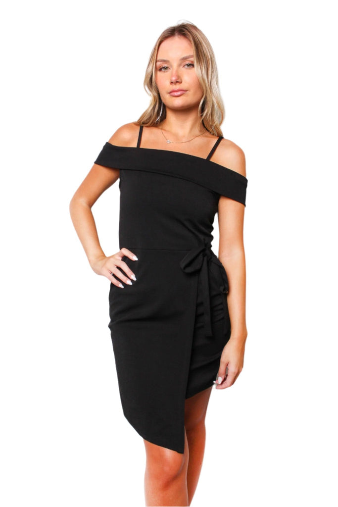 Black Off-Shoulder Bodycon Dress – Elegant Slim Fit Asymmetric Hem Dress for Party & Evening