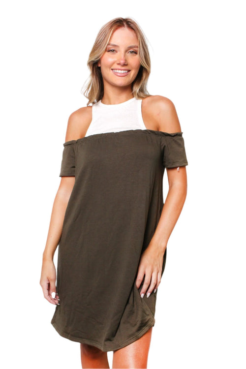 Off-Shoulder Color Block Casual Dress – Lightweight Cotton-Linen Blend, Soft, Airy & Effortlessly Chic