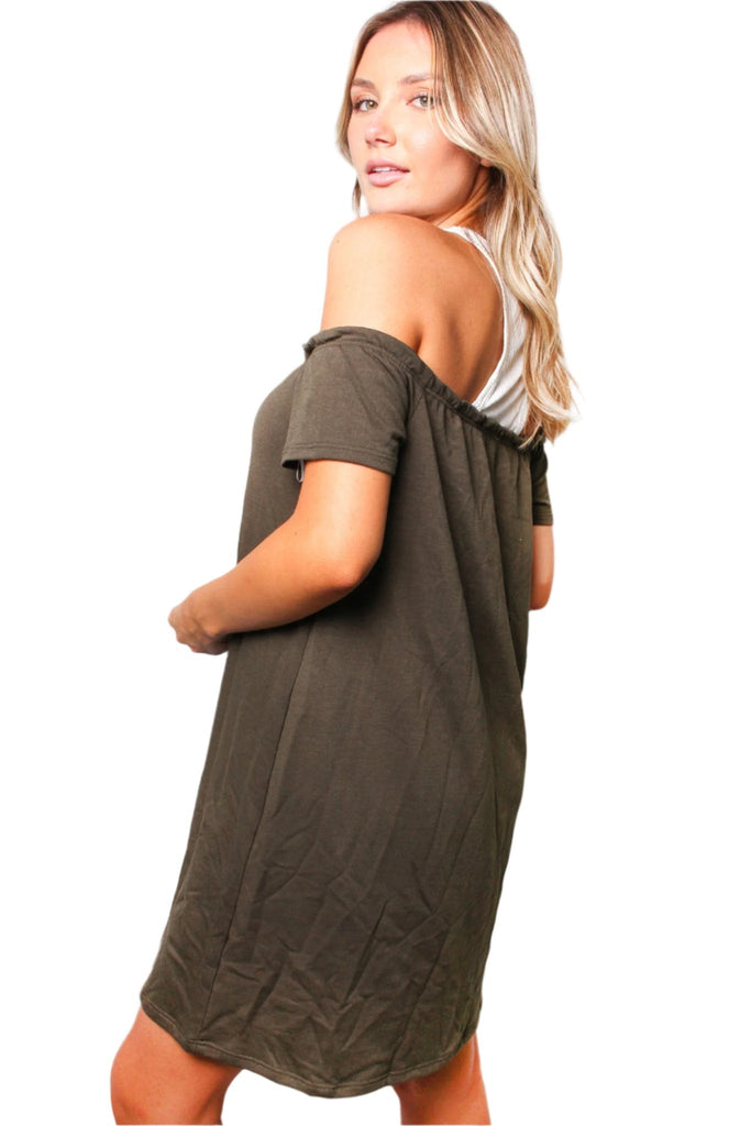 Off-Shoulder Color Block Casual Dress – Lightweight Cotton-Linen Blend, Soft, Airy & Effortlessly Chic