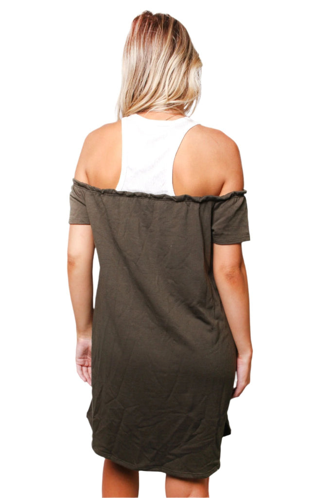 Off-Shoulder Color Block Casual Dress – Lightweight Cotton-Linen Blend, Soft, Airy & Effortlessly Chic