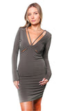 Women's Long Sleeve V Neck Cut Out Bodycon Mini Dress