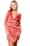 Coral Satin Long Sleeve V-Neck Dress – Elegant Ruched Bodycon Mini Dress for Women