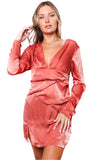 Coral Satin Long Sleeve V-Neck Dress – Elegant Ruched Bodycon Mini Dress for Women