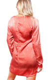 Coral Satin Long Sleeve V-Neck Dress – Elegant Ruched Bodycon Mini Dress for Women