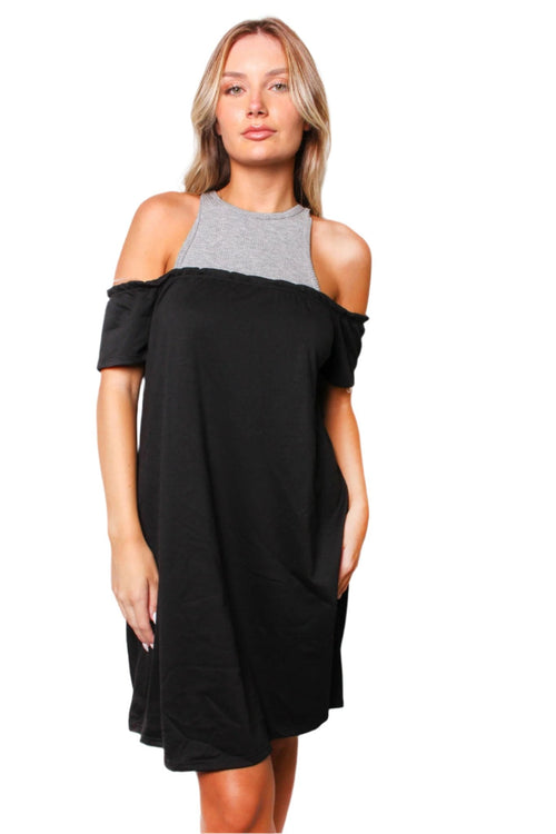 Black and Gray Cold Shoulder Casual Dress – Effortless Comfort with Modern Chic