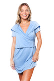 Light Blue Cross V-Neck Short Sleeve Dress – Elegant Slim Fit Casual Mini Dress