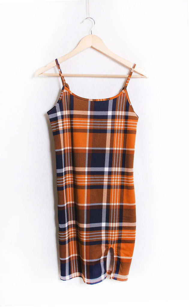 Dark Orange Plaid Spaghetti Strap Dress โ Retro Slim Fit Mini Dress for Women
