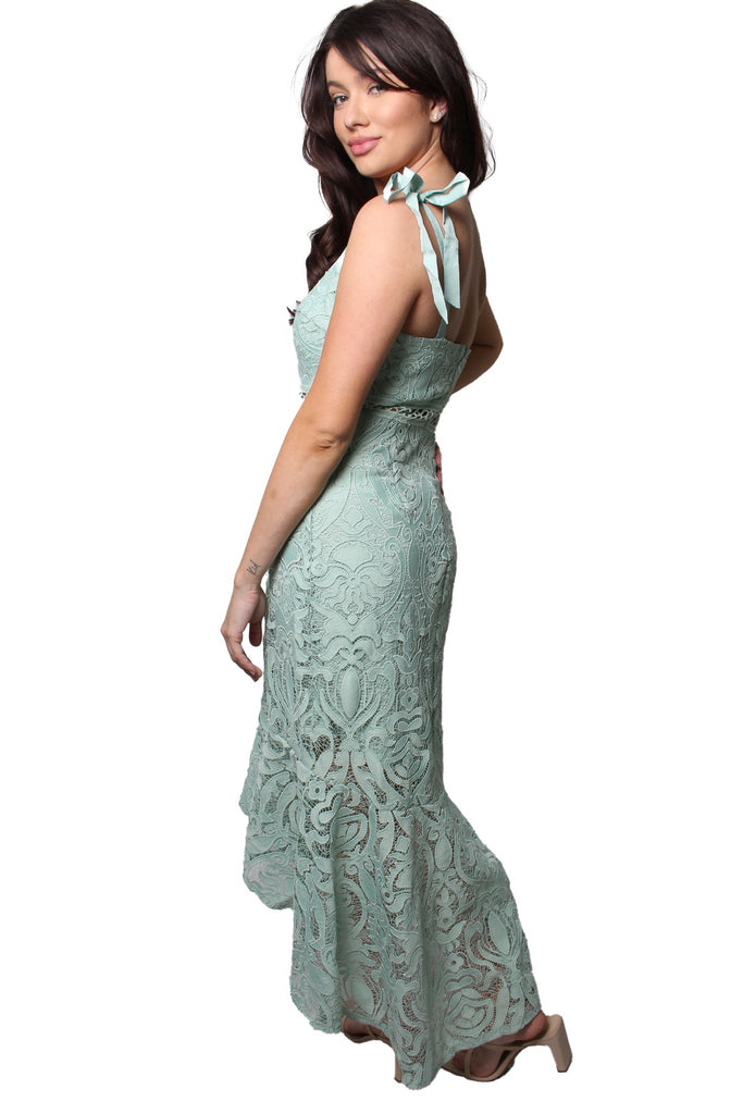 Light Green Lace V-Neck Midi Dress – Elegant Slim Fit Mermaid Hem Dress for Women