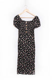 Black Daisy Print Square Neck Midi Dress – French Style Puff Sleeve Floral Dress for Women