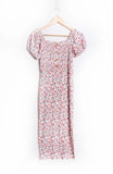 Pink Floral Square Neck Midi Dress – Puff Sleeve High Waist French Style Summer Dress