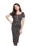 Black Daisy Print Square Neck Midi Dress – French Style Puff Sleeve Floral Dress for Women