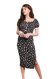 Black Daisy Print Square Neck Midi Dress – French Style Puff Sleeve Floral Dress for Women