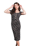 Black Daisy Print Square Neck Midi Dress – French Style Puff Sleeve Floral Dress for Women