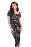Black Daisy Print Square Neck Midi Dress – French Style Puff Sleeve Floral Dress for Women