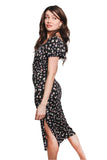 Black Daisy Print Square Neck Midi Dress – French Style Puff Sleeve Floral Dress for Women