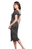 Black Daisy Print Square Neck Midi Dress – French Style Puff Sleeve Floral Dress for Women