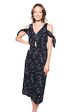 Elegant Cold-Shoulder Floral Midi Dress with Tie Sleeves – Summer V-Neck Casual Dress