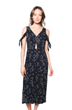 Elegant Cold-Shoulder Floral Midi Dress with Tie Sleeves – Summer V-Neck Casual Dress