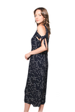 Elegant Cold-Shoulder Floral Midi Dress with Tie Sleeves – Summer V-Neck Casual Dress