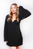 Black Deep V-Neck Long Sleeve Mini Dress – Loose Fit Elegant Dress for Women