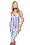Blue & White Wave Print Spaghetti Strap Dress – Summer Slim Fit Midi Dress with Side Slit