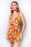 Orange & Yellow Floral Spaghetti Strap Dress – Summer V-Neck Slim Fit Mini Dress for Women