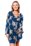 Blue Floral Long Sleeve V-Neck Dress – Loose Fit Vacation Mini Dress for Women