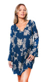 Blue Floral Long Sleeve V-Neck Dress – Loose Fit Vacation Mini Dress for Women