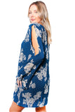 Blue Floral Long Sleeve V-Neck Dress – Loose Fit Vacation Mini Dress for Women