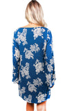 Blue Floral Long Sleeve V-Neck Dress – Loose Fit Vacation Mini Dress for Women