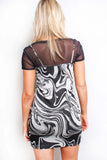 Black and White Marble Print Mesh Patchwork Bodycon Mini Dress – Elegant, Sexy, and Artistic